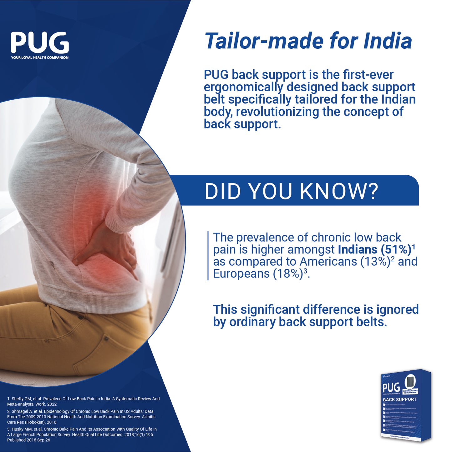 Pug Back Support, The Ultimate Solution for Back Pain Relief, Ergonomically designed for the Indian body, Offers Ideal Support, Eases Pain, and Enhances Flexibility with breathable Lumber Pad Cushioning and Lower back Brace