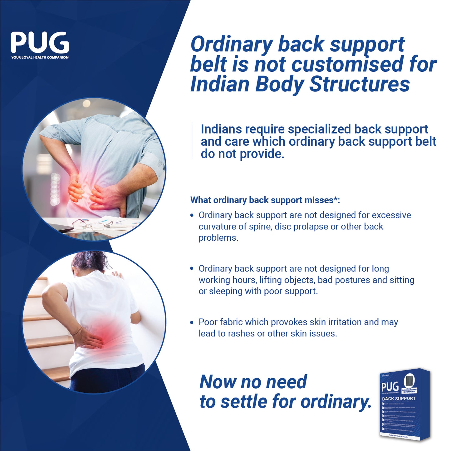 Pug Back Support, The Ultimate Solution for Back Pain Relief, Ergonomically designed for the Indian body, Offers Ideal Support, Eases Pain, and Enhances Flexibility with breathable Lumber Pad Cushioning and Lower back Brace