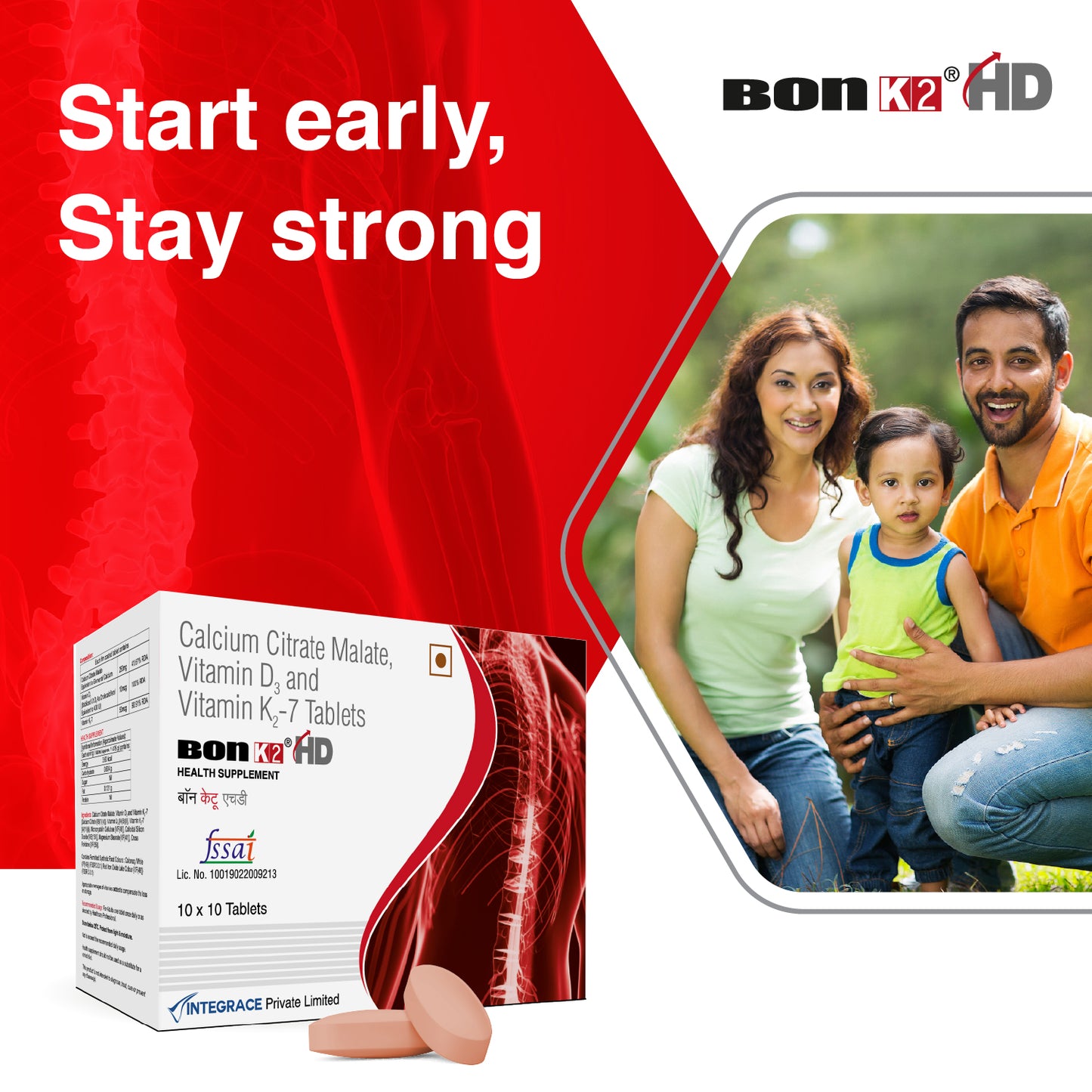 Bon K2 HD with Advanced Calcium – 100 Tablets in 10 Strips,  Enriched with Calcium Citrate Malate, Vitamin D3 and Vitamin K2-7, Multivitamin supplements for Men & Women