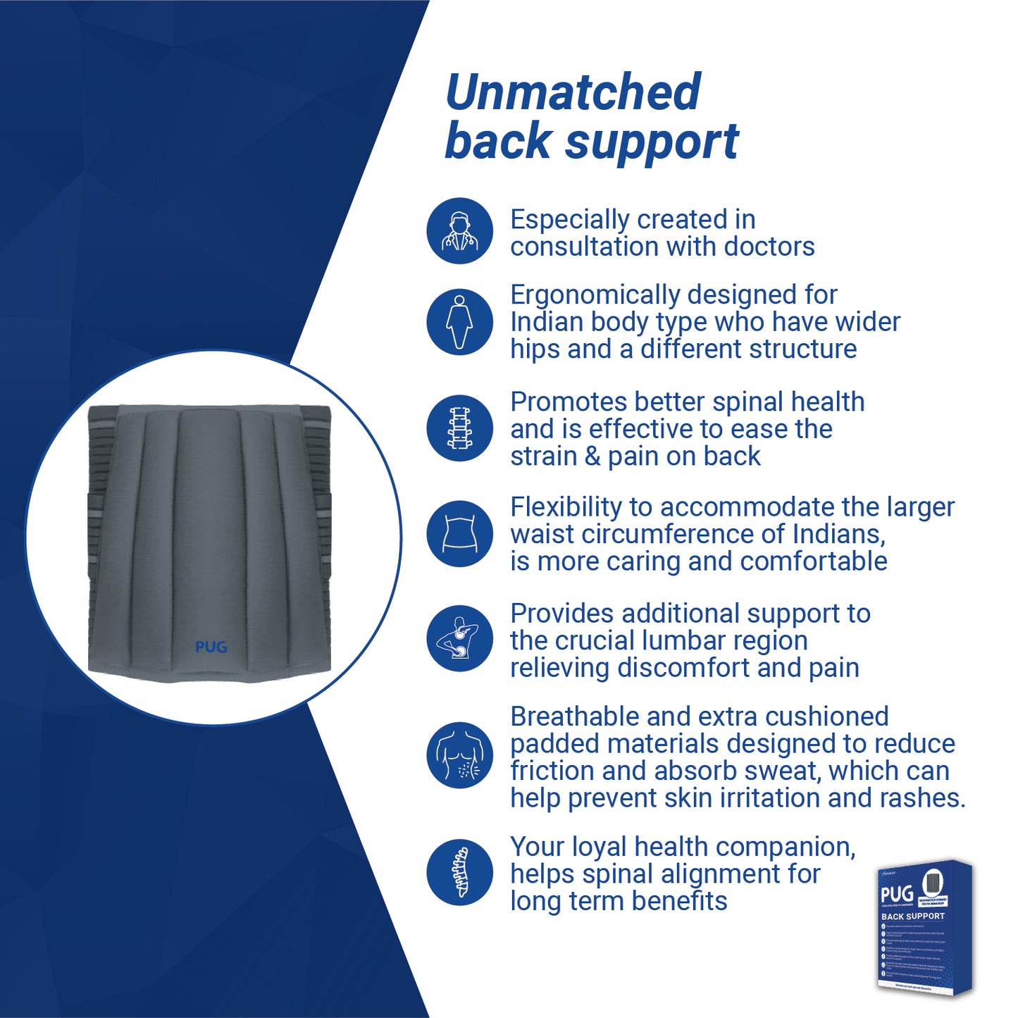 Pug Back Support, The Ultimate Solution for Back Pain Relief, Ergonomically designed for the Indian body, Offers Ideal Support, Eases Pain, and Enhances Flexibility with breathable Lumber Pad Cushioning and Lower back Brace