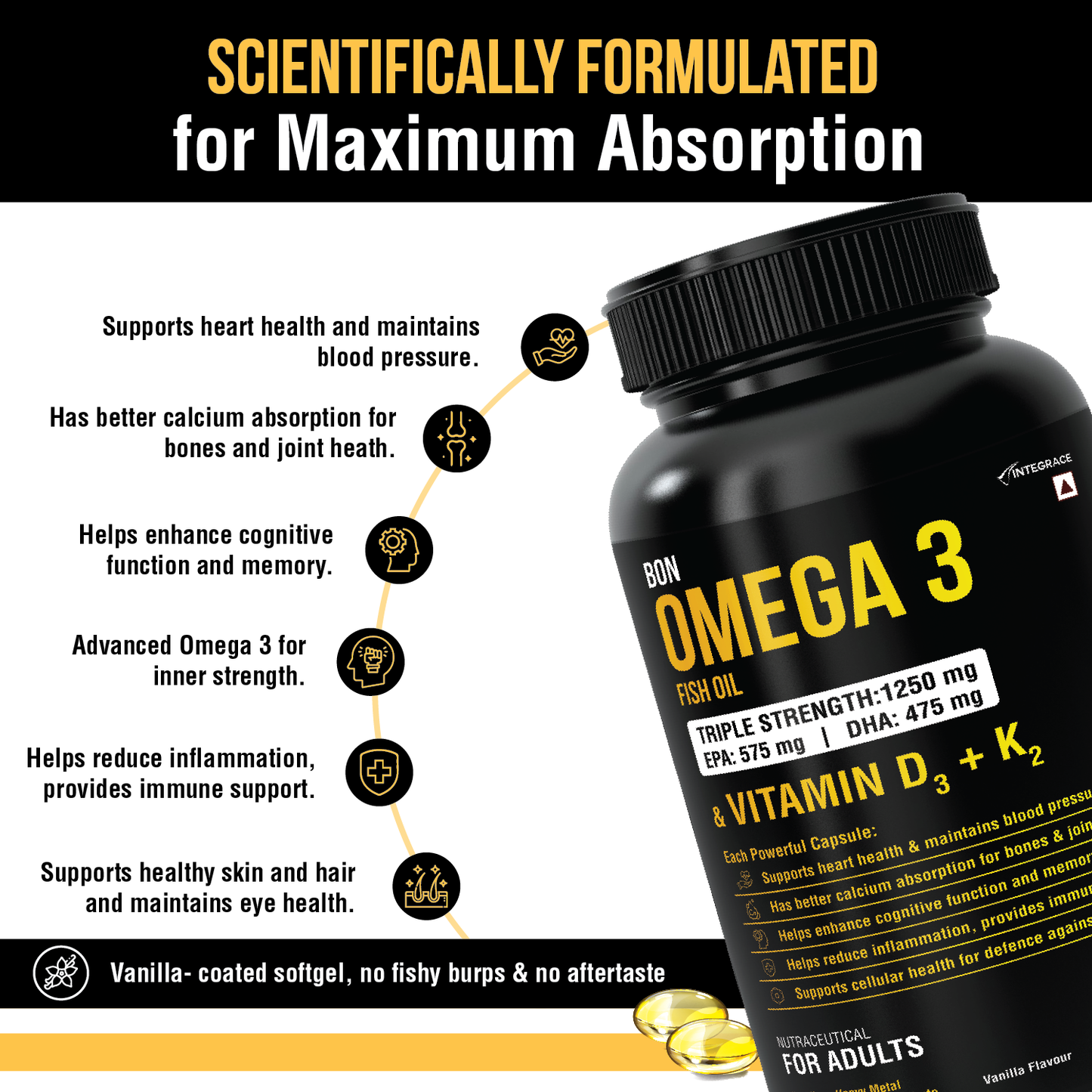 Bon Omega 3 Fish Oil 1250mg with Vitamin D3 & K2 – 3X Triple Strength 560mg EPA & 400mg DHA | Supports Heart, Bone Health, Brain & Immunity | 60 Softgels | Non-GMO, Burpless Anti-Reflux