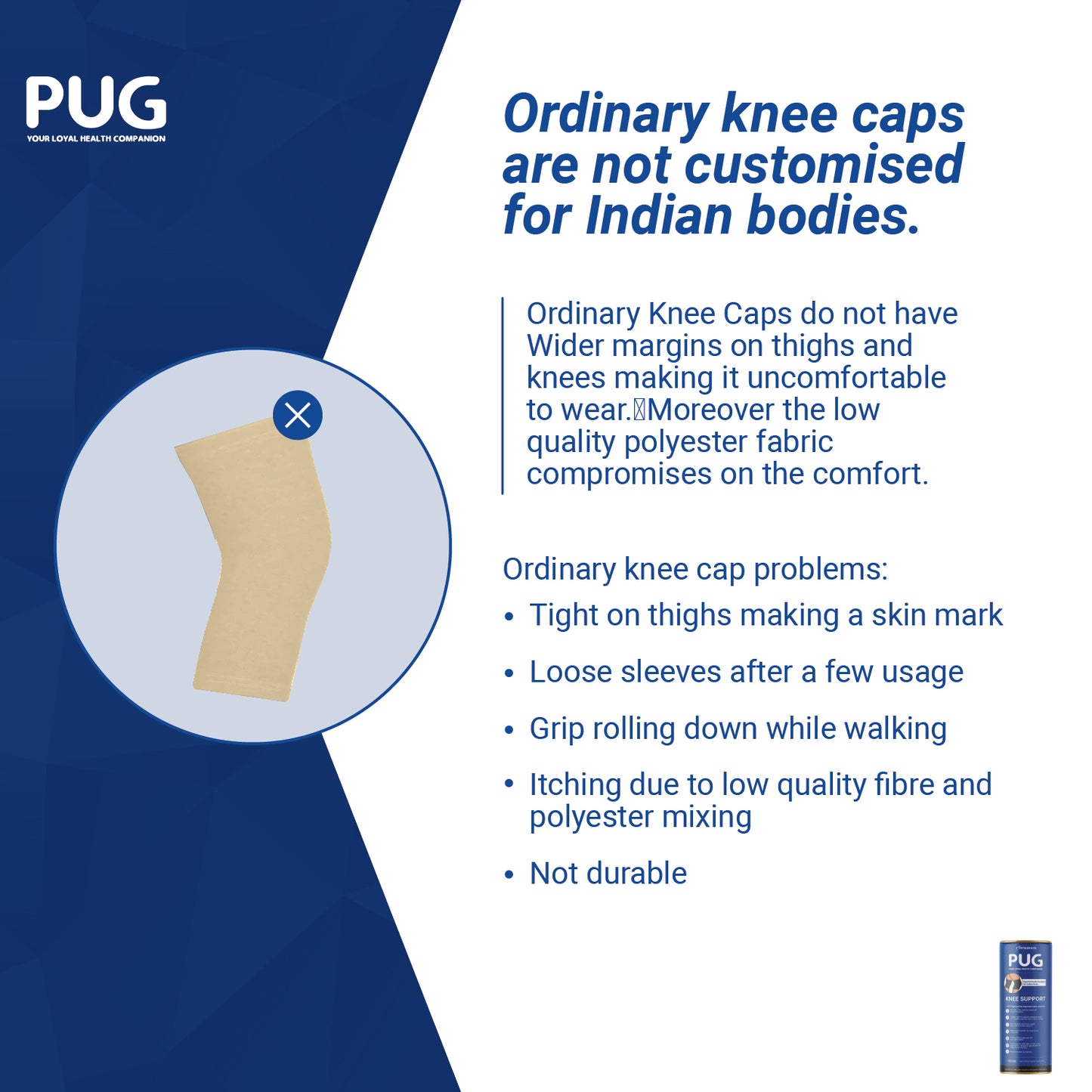 Pug Knee Support, 1 Pair, Unleash Your Performance, Ergonomically Designed for Indian Knee, Ideal for Sports enthusiasts, Knee Pain and Injury Prevention