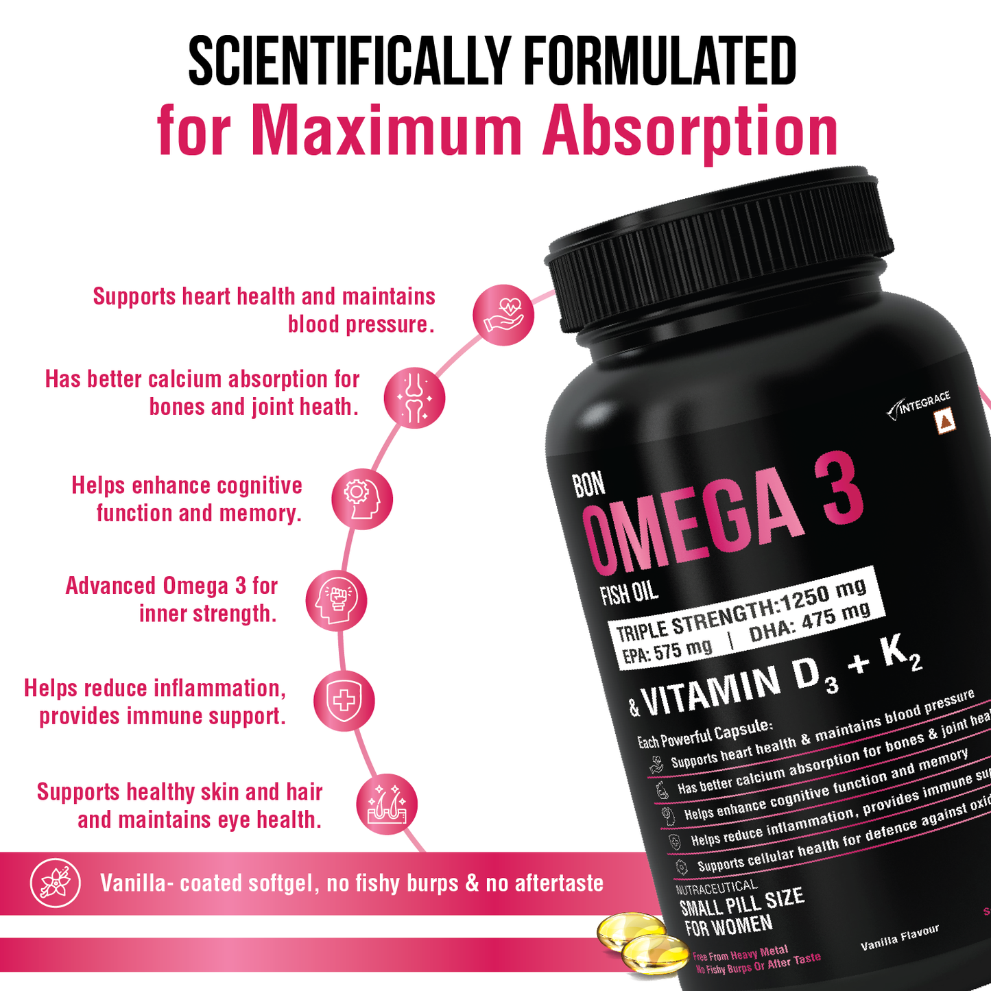 BON Omega 3 Fish Oil for Women 1250mg with Vitamin D3 & K2 – Easy to Swallow Smaller Softgels | 3X Triple Strength 560mg EPA & 400mg DHA | Supports Heart, Bone Health, Brain, Immunity, Healthy Skin & Hair | 90 Softgels | Non-GMO, Burpless, Anti-Reflux