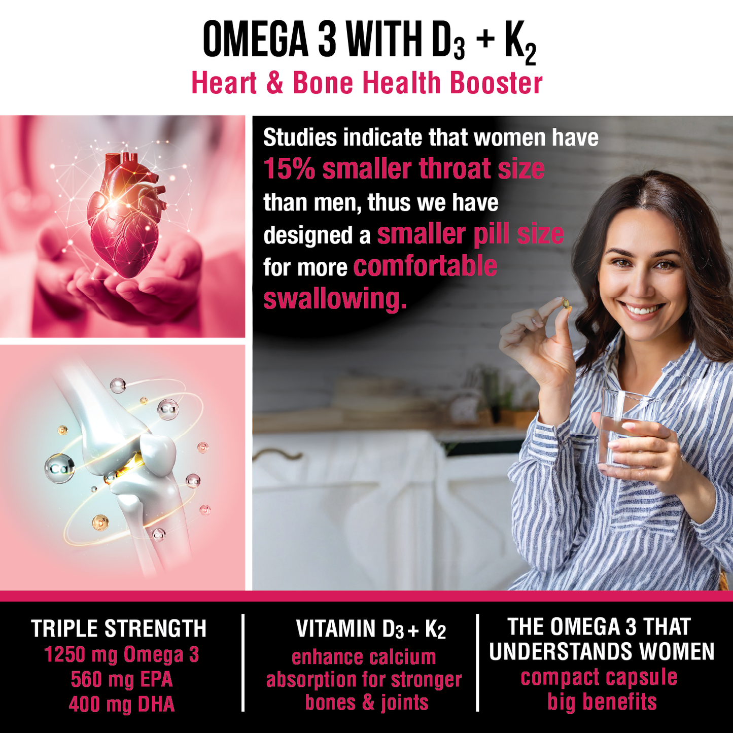 BON Omega 3 Fish Oil for Women 1250mg with Vitamin D3 & K2 – Easy to Swallow Smaller Softgels | 3X Triple Strength 560mg EPA & 400mg DHA | Supports Heart, Bone Health, Brain, Immunity, Healthy Skin & Hair | 90 Softgels | Non-GMO, Burpless, Anti-Reflux