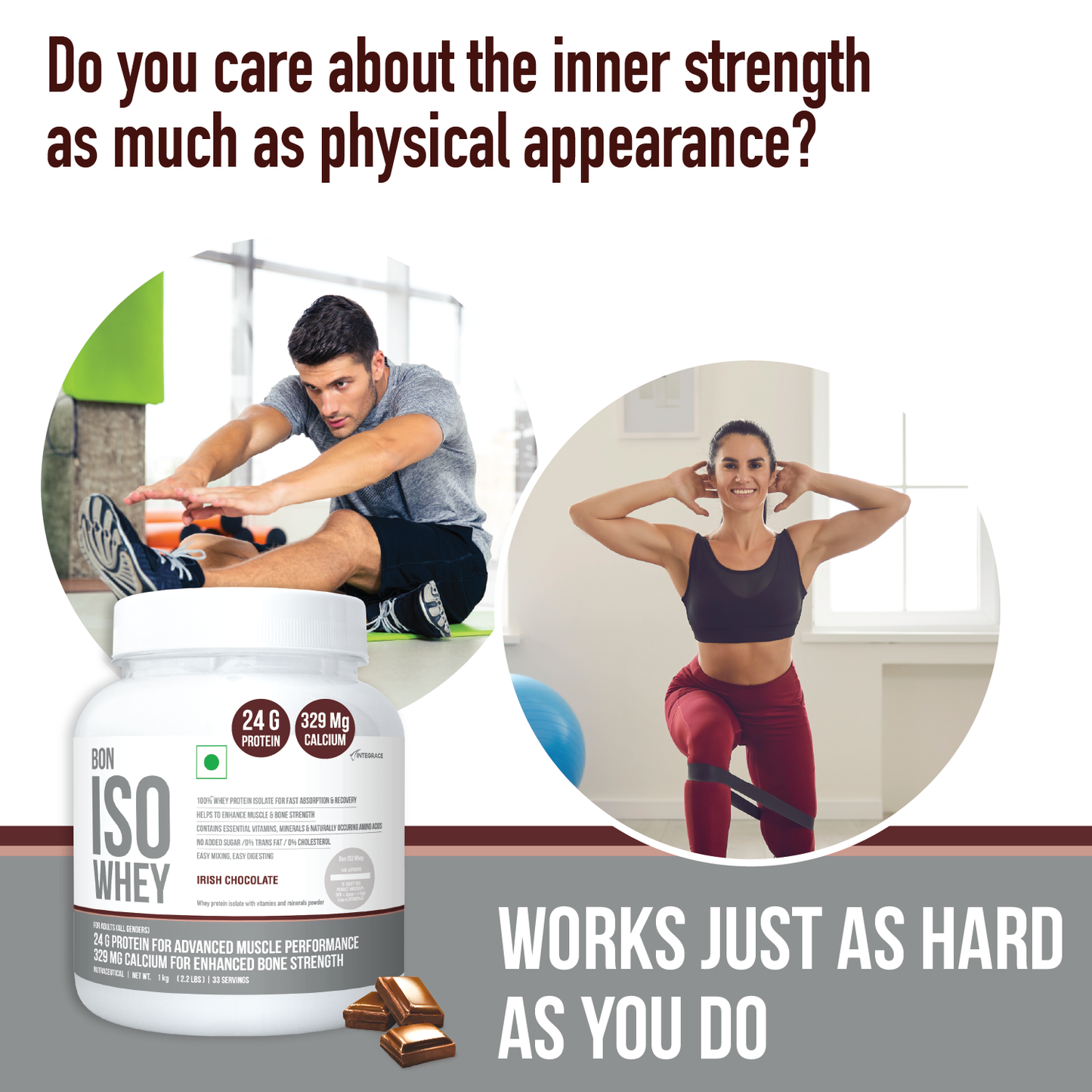 BON ISO WHEY 100% Protein Isolate, Irish Chocolate, Muscle Strength and Bone Health, 24g Protein, 329mg Calcium, 5.5g BCAA, Essential Vitamins and Minerals, For All Gender