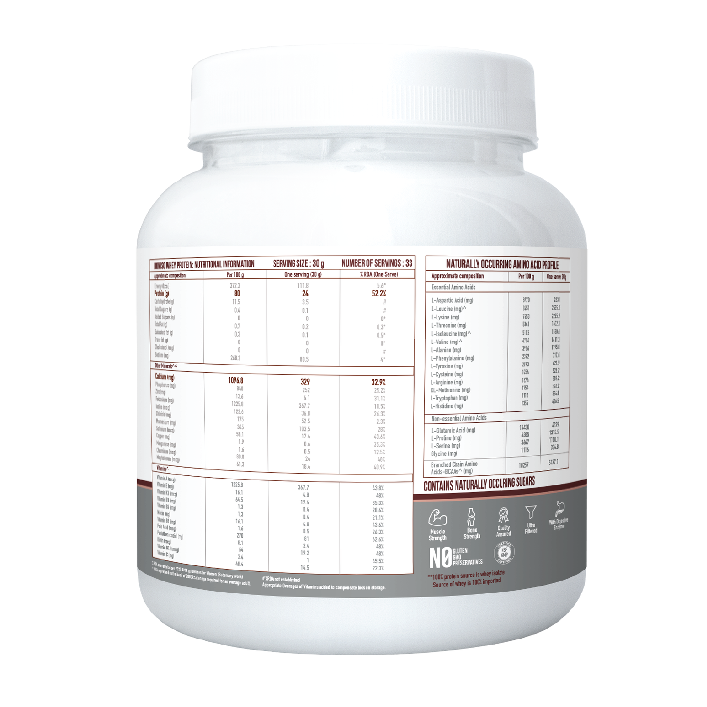BON ISO WHEY 100% Protein Isolate, Irish Chocolate, Muscle Strength and Bone Health, 24g Protein, 329mg Calcium, 5.5g BCAA, Essential Vitamins and Minerals, For All Gender