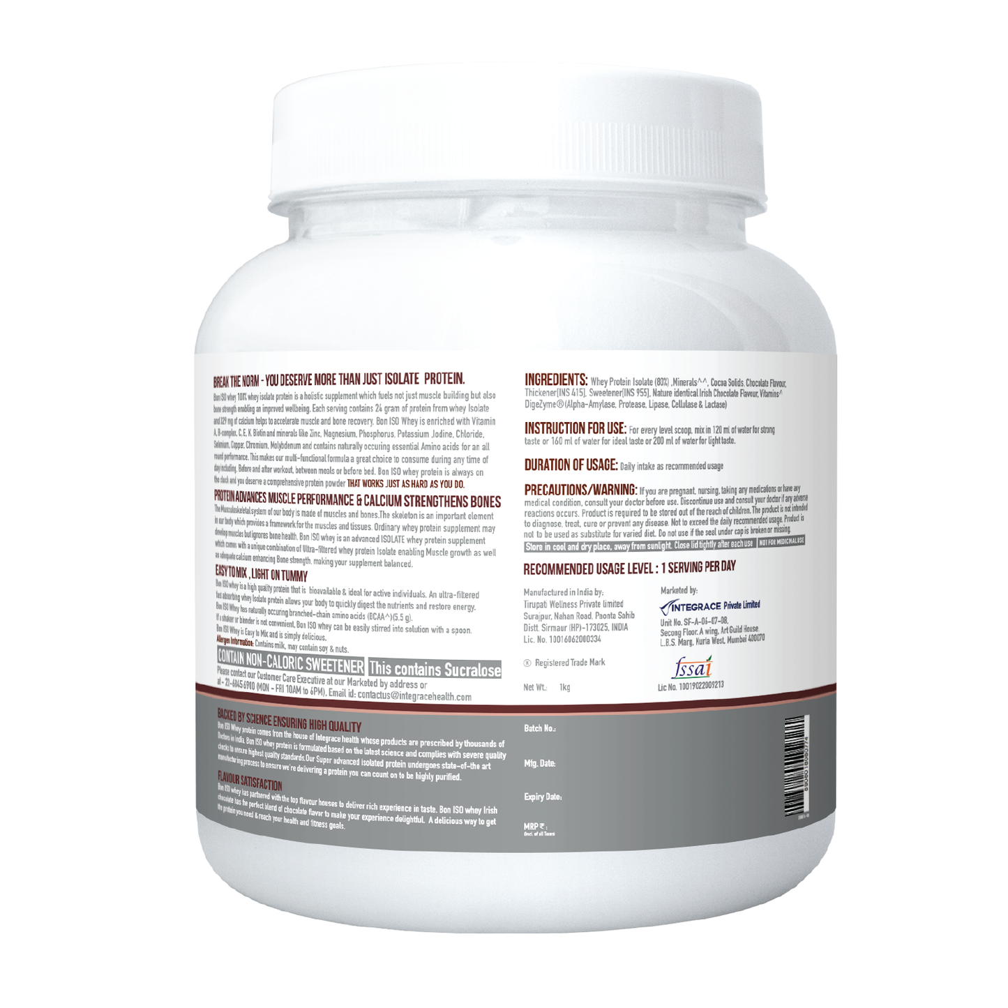 BON ISO WHEY 100% Protein Isolate, Irish Chocolate, Muscle Strength and Bone Health, 24g Protein, 329mg Calcium, 5.5g BCAA, Essential Vitamins and Minerals, For All Gender