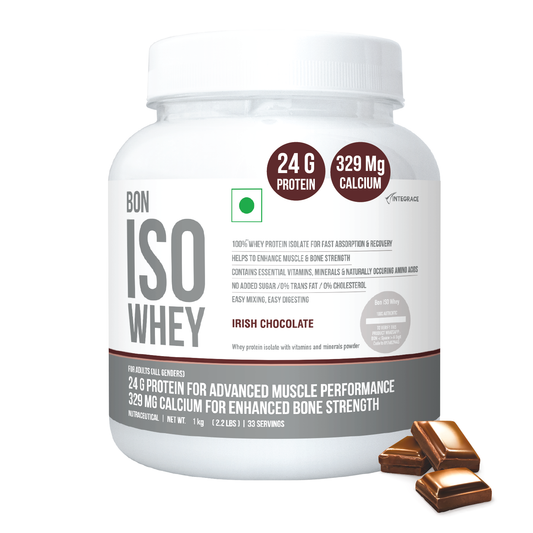 BON ISO WHEY 100% Protein Isolate, Irish Chocolate, Muscle Strength and Bone Health, 24g Protein, 329mg Calcium, 5.5g BCAA, Essential Vitamins and Minerals, For All Gender
