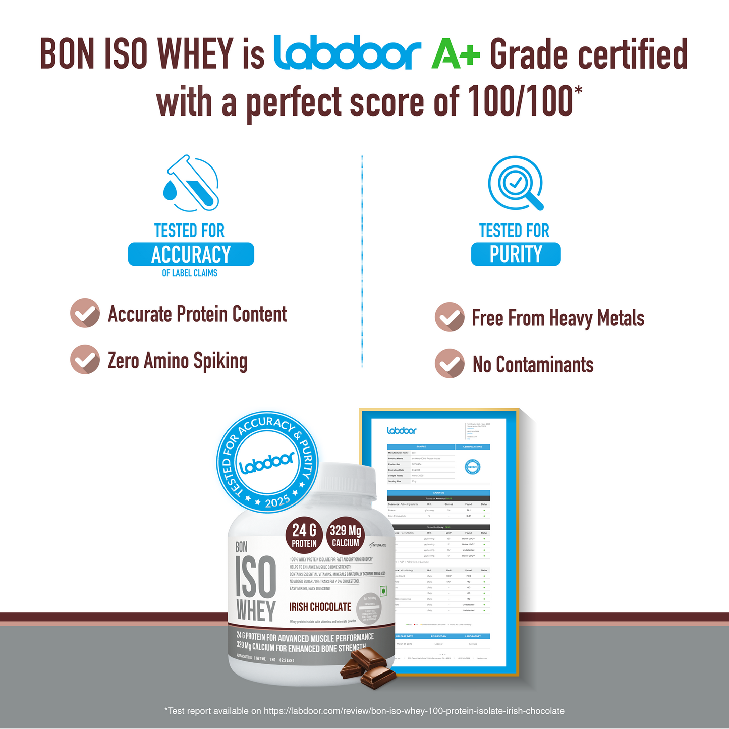 BON ISO WHEY 100% Protein Isolate, Irish Chocolate, Muscle Strength and Bone Health, 24g Protein, 329mg Calcium, 5.5g BCAA, Essential Vitamins and Minerals, For All Gender