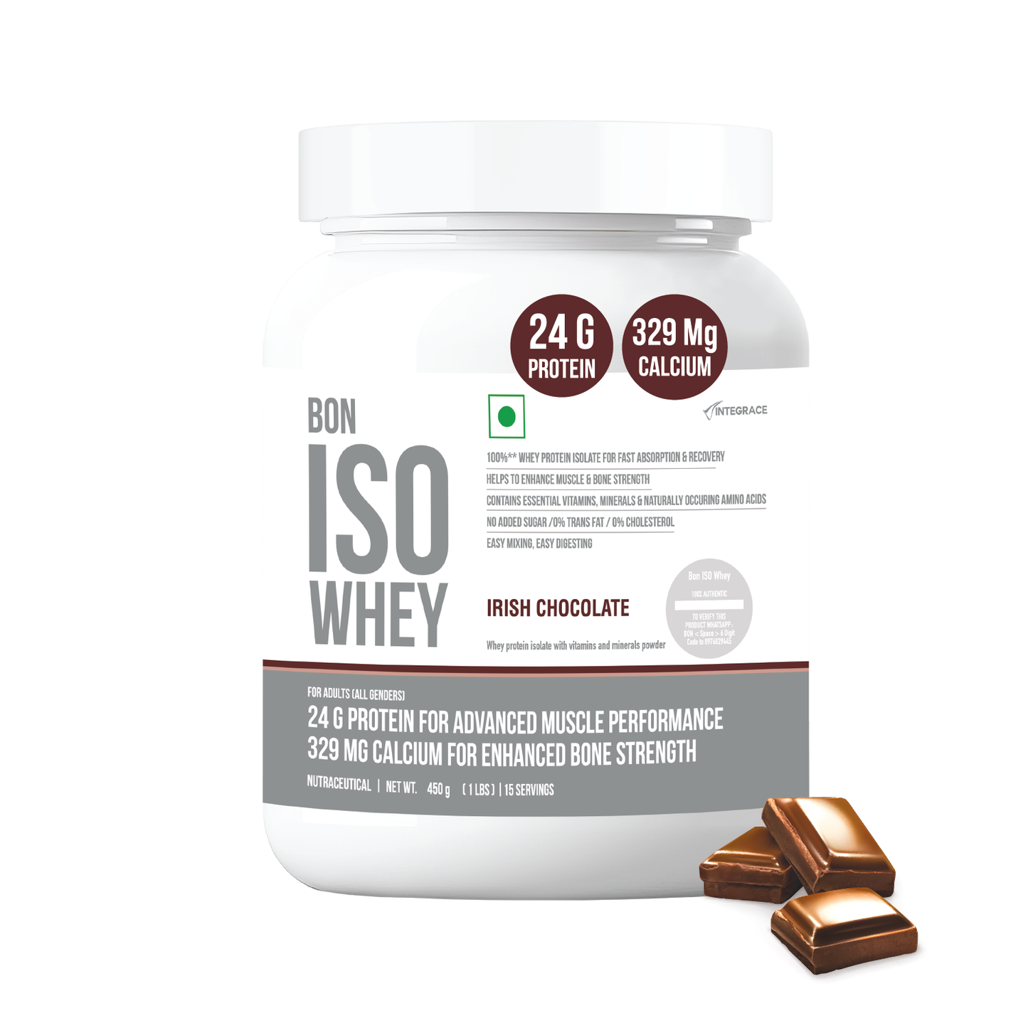 BON ISO WHEY 100% Protein Isolate, Irish Chocolate, Muscle Strength and Bone Health, 24g Protein, 329mg Calcium, 5.5g BCAA, Essential Vitamins and Minerals, For All Gender