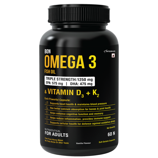 Bon Omega 3 Fish Oil 1250mg with Vitamin D3 & K2 – 3X Triple Strength 560mg EPA & 400mg DHA | Supports Heart, Bone Health, Brain & Immunity | 60 Softgels | Non-GMO, Burpless Anti-Reflux