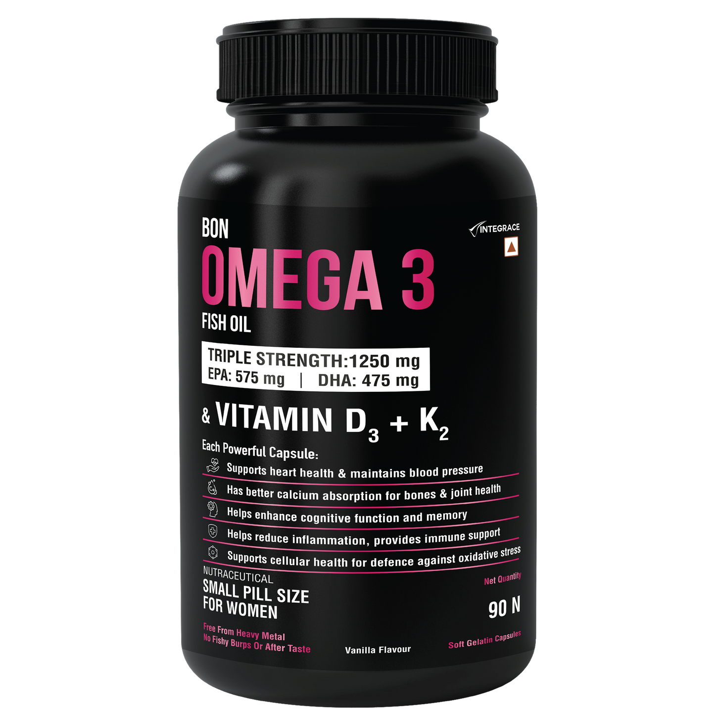 BON Omega 3 Fish Oil for Women 1250mg with Vitamin D3 & K2 – Easy to Swallow Smaller Softgels | 3X Triple Strength 560mg EPA & 400mg DHA | Supports Heart, Bone Health, Brain, Immunity, Healthy Skin & Hair | 90 Softgels | Non-GMO, Burpless, Anti-Reflux