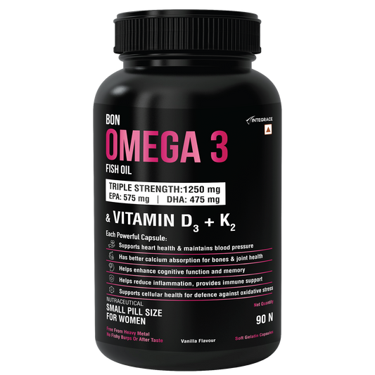 BON Omega 3 Fish Oil for Women 1250mg with Vitamin D3 & K2 – Easy to Swallow Smaller Softgels | 3X Triple Strength 560mg EPA & 400mg DHA | Supports Heart, Bone Health, Brain, Immunity, Healthy Skin & Hair | 90 Softgels | Non-GMO, Burpless, Anti-Reflux