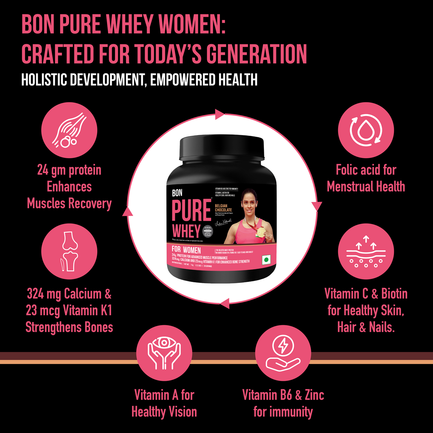 BON PURE WHEY Designed For Today's Women, 1kg | Muscle Recovery, Bone Strength, Menstrual Health & Holistic Wellbeing | Folic Acid for Menstrual Health, Vit B6 & Zinc for Immunity | Vit C, Biotin for Healthy Skin, Hair & Nails