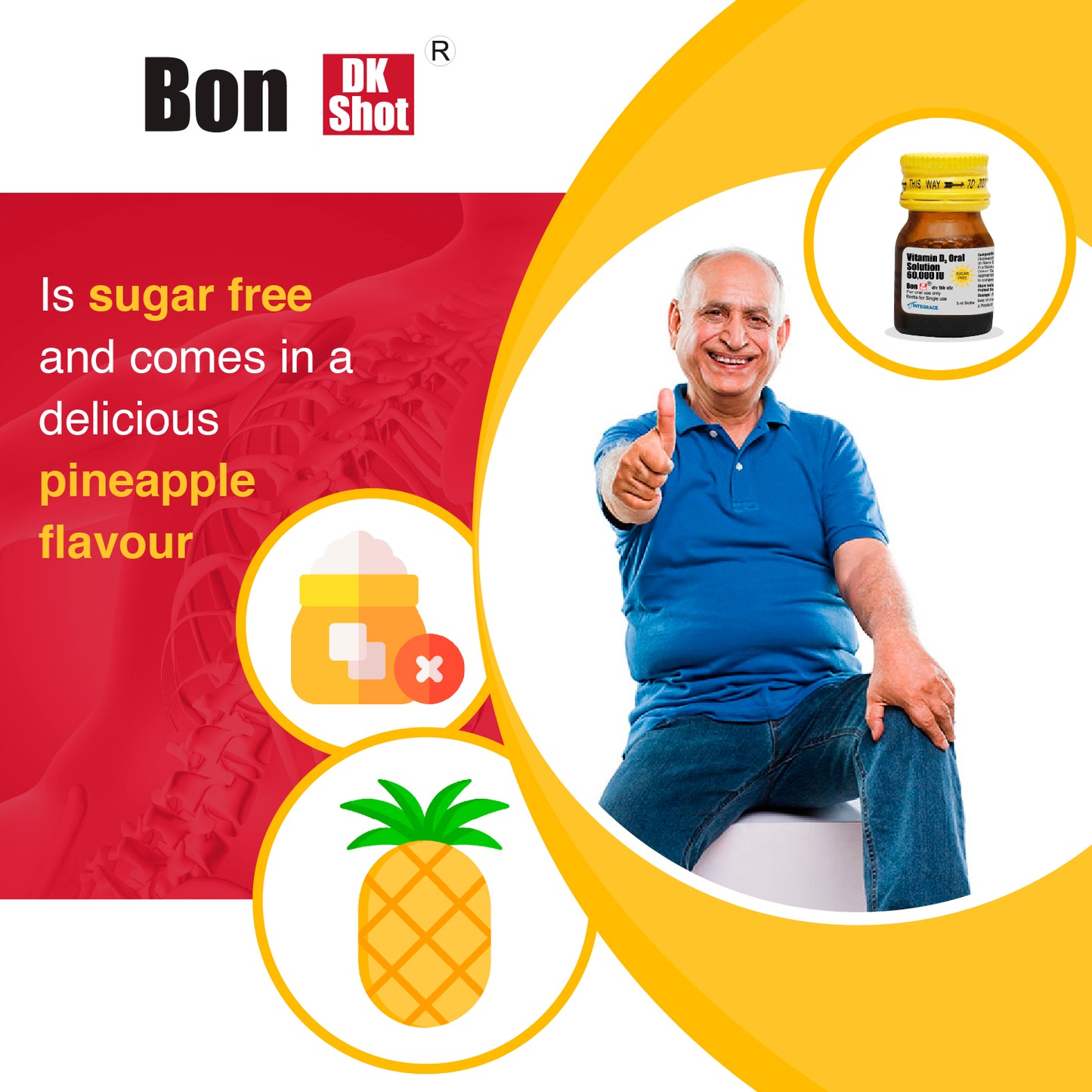 Bon Dk Shot Sugarfree Vitamin D3 Oral Solution 60,000 IU, Oral Shots of 5 ml each, Pineapple Flavour, Liquid Syrup