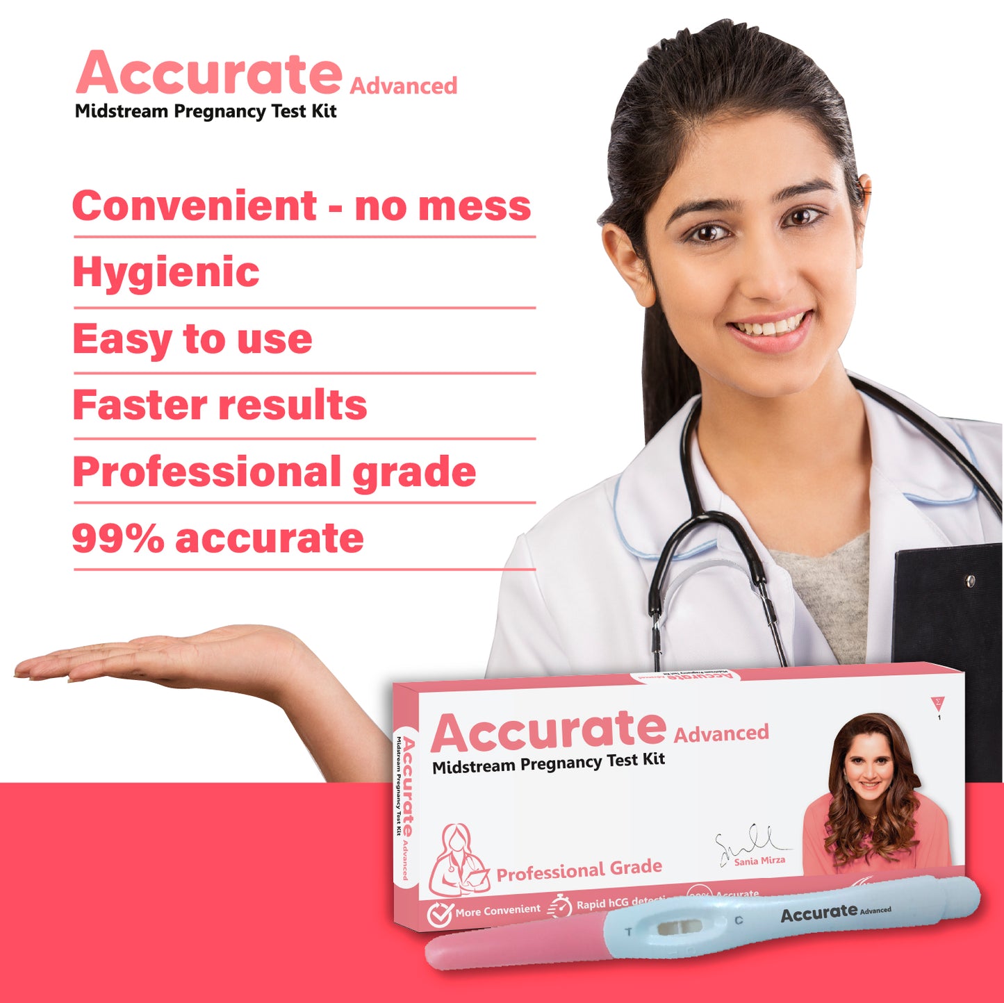 Accurate Advanced One Step Midstream Urine HCG Pregnancy Test Kit Device, Convenient, Mess-Free and Easy to Use, 99% Accurate