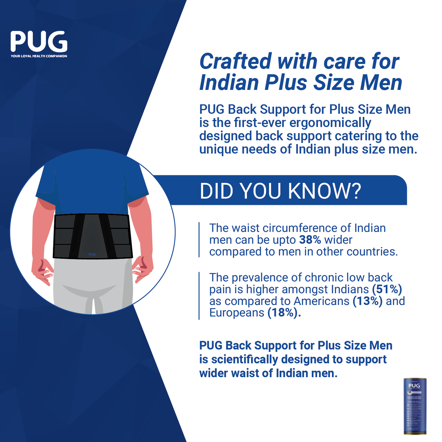 PUG Back Support for Plus Size Men, Lumbar Support Belt for wider body frames, Ergonomically Designed for Plus Size Men, 38% wider back support, Helps in Chronic Back Pain Management, Posture Improvement, Pack of 1, Matte Black