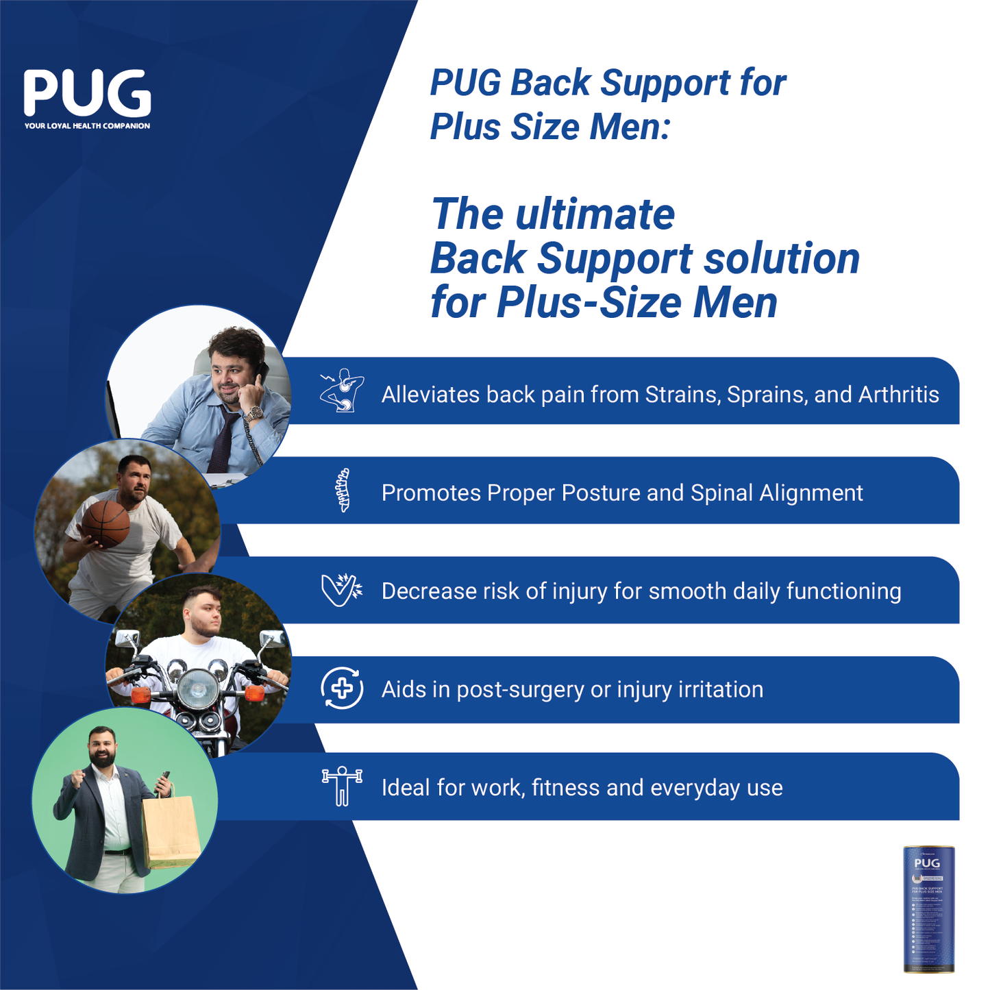 PUG Back Support for Plus Size Men, Lumbar Support Belt for wider body frames, Ergonomically Designed for Plus Size Men, 38% wider back support, Helps in Chronic Back Pain Management, Posture Improvement, Pack of 1, Matte Black