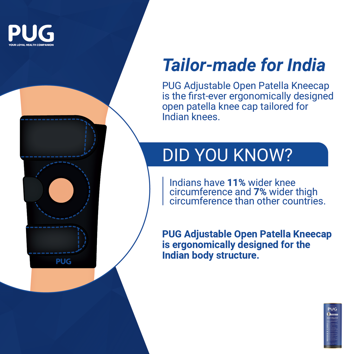 PUG Open Patella Kneecap, Adjustable Hinged Knee Brace for Wider Indian Knees, Tailored for Recovery from Knee Injuries and Surgeries, Anti-Slip and Supportive, Pack of 1, Matte Black
