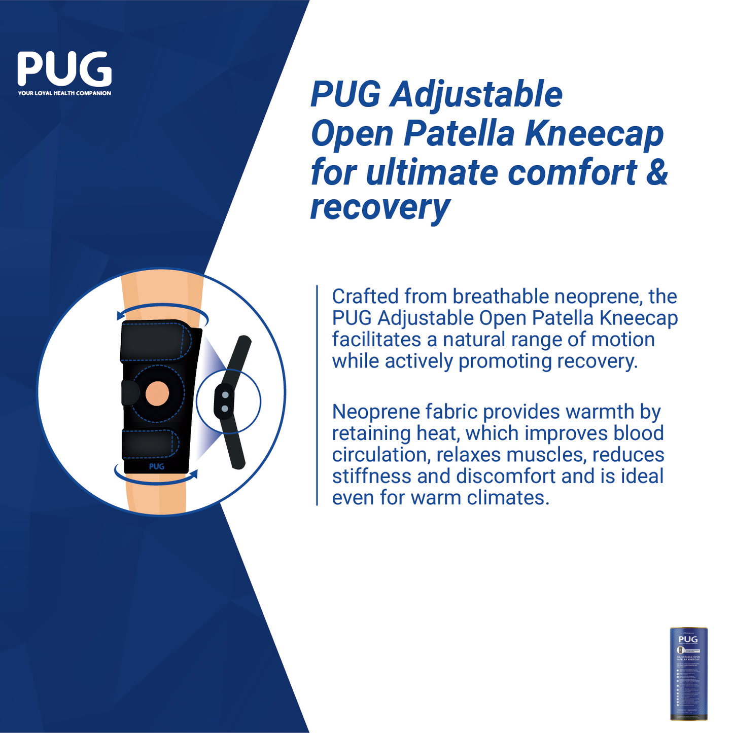 PUG Open Patella Kneecap, Adjustable Hinged Knee Brace for Wider Indian Knees, Tailored for Recovery from Knee Injuries and Surgeries, Anti-Slip and Supportive, Pack of 1, Matte Black