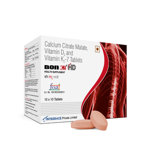 Bon K2 HD with Advanced Calcium – 100 Tablets in 10 Strips,  Enriched with Calcium Citrate Malate, Vitamin D3 and Vitamin K2-7, Multivitamin supplements for Men & Women
