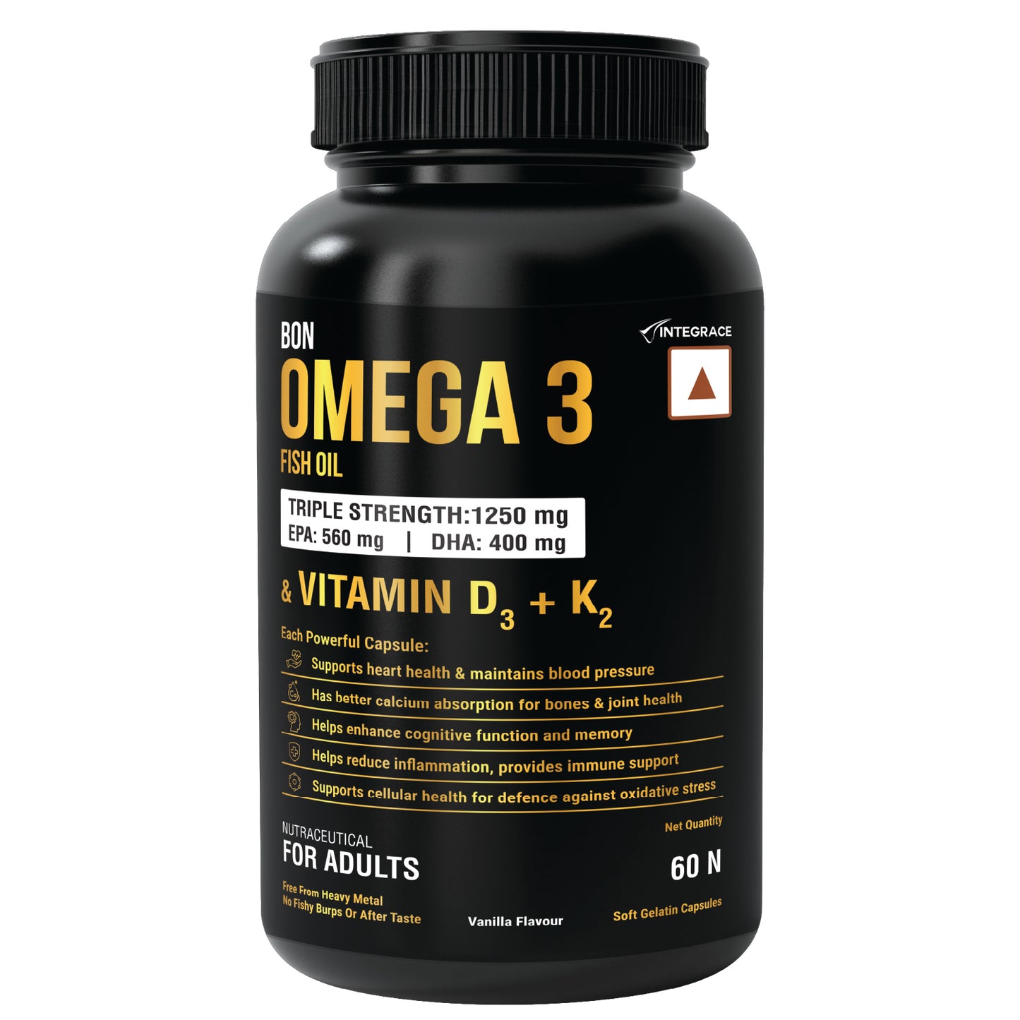 Bon Omega 3 Fish Oil 1250mg with Vitamin D3 & K2 – 3X Triple Strength 560mg EPA & 400mg DHA | Supports Heart, Bone Health, Brain & Immunity | 60 Softgels | Non-GMO, Burpless Anti-Reflux