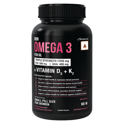 BON Omega 3 Fish Oil for Women 1250mg with Vitamin D3 & K2 – Easy to Swallow Smaller Softgels | 3X Triple Strength 560mg EPA & 400mg DHA | Supports Heart, Bone Health, Brain, Immunity, Healthy Skin & Hair | 90 Softgels | Non-GMO, Burpless, Anti-Reflux