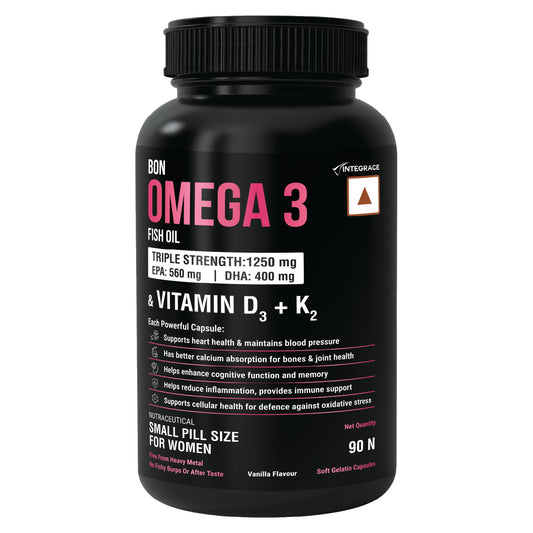BON Omega 3 Fish Oil for Women 1250mg with Vitamin D3 & K2 – Easy to Swallow Smaller Softgels | 3X Triple Strength 560mg EPA & 400mg DHA | Supports Heart, Bone Health, Brain, Immunity, Healthy Skin & Hair | 90 Softgels | Non-GMO, Burpless, Anti-Reflux