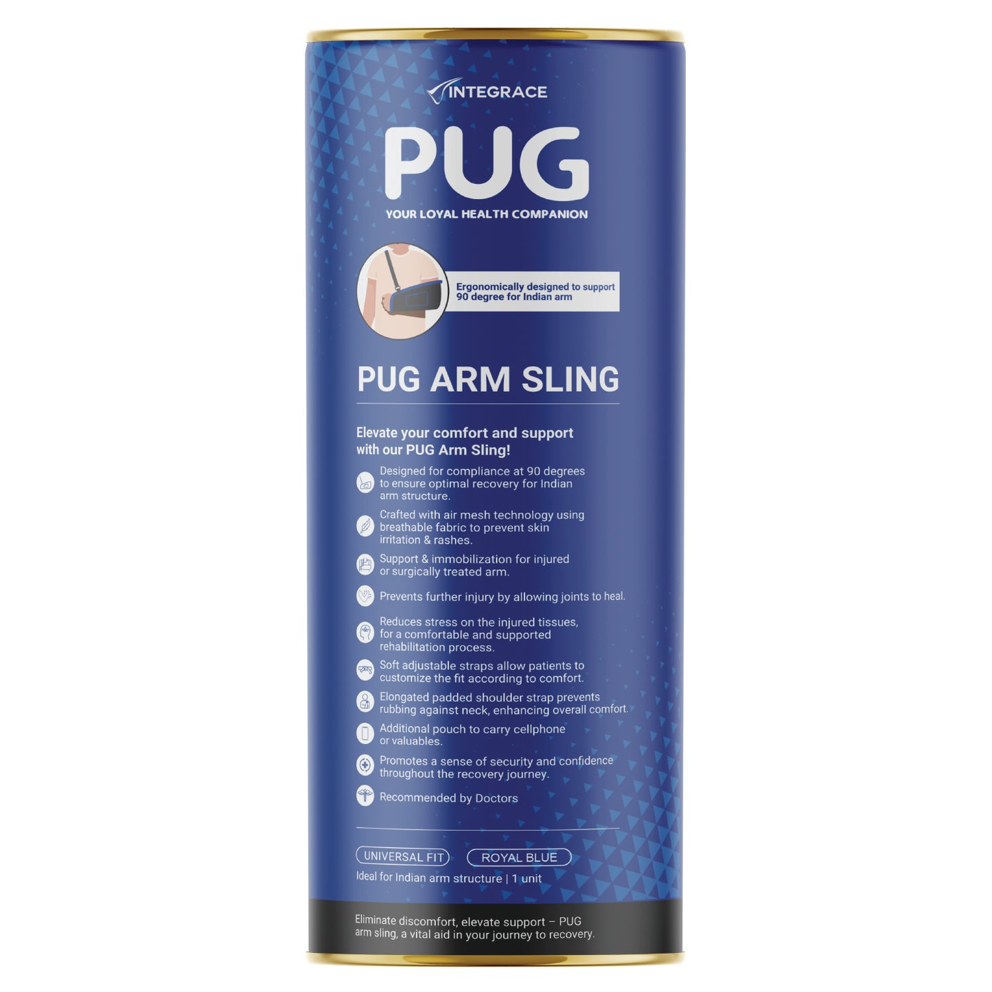 PUG Arm Sling, Designed for compliance at 90 degrees for optimal recovery, With Airmesh technology, Double & elongated pad cushion for extra care, Ergonomically designed for Indian Arm, With Additional pouch to carry mobile