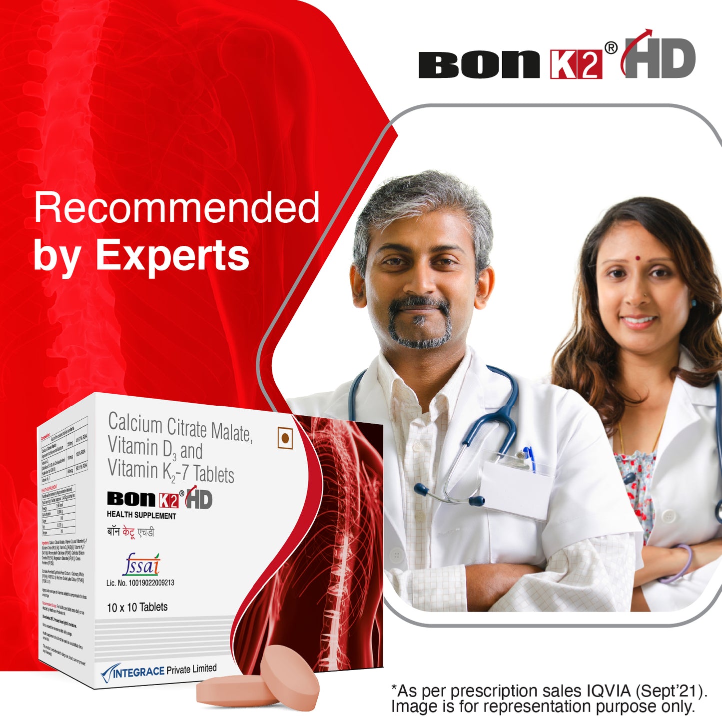Bon K2 HD with Advanced Calcium – 100 Tablets in 10 Strips,  Enriched with Calcium Citrate Malate, Vitamin D3 and Vitamin K2-7, Multivitamin supplements for Men & Women