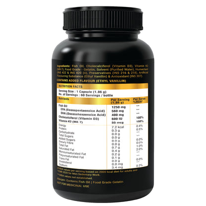 Bon Omega 3 Fish Oil 1250mg with Vitamin D3 & K2 – 3X Triple Strength 560mg EPA & 400mg DHA | Supports Heart, Bone Health, Brain & Immunity | 60 Softgels | Non-GMO, Burpless Anti-Reflux