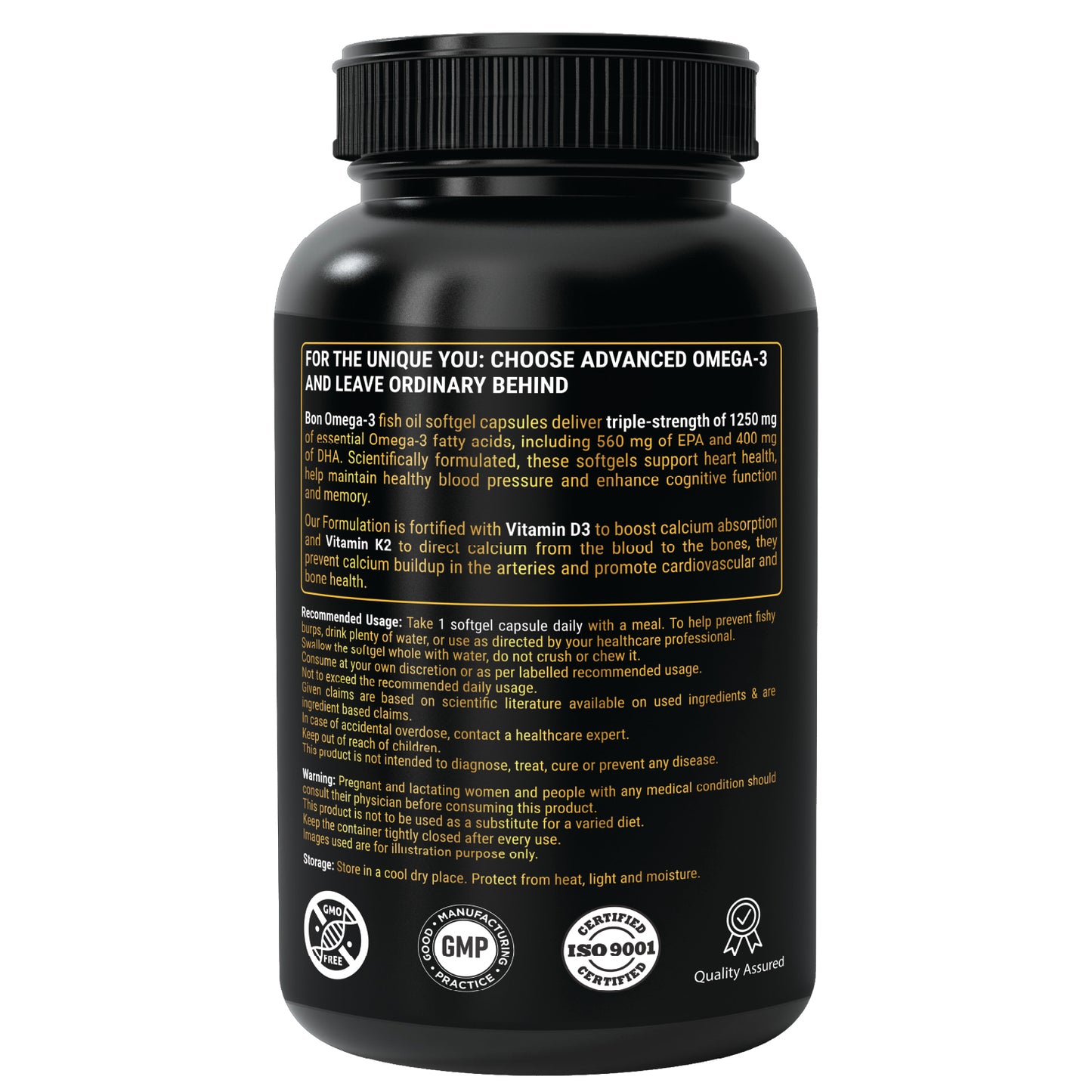 Bon Omega 3 Fish Oil 1250mg with Vitamin D3 & K2 – 3X Triple Strength 560mg EPA & 400mg DHA | Supports Heart, Bone Health, Brain & Immunity | 60 Softgels | Non-GMO, Burpless Anti-Reflux