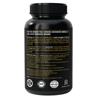Bon Omega 3 Fish Oil 1250mg with Vitamin D3 & K2 – 3X Triple Strength 560mg EPA & 400mg DHA | Supports Heart, Bone Health, Brain & Immunity | 60 Softgels | Non-GMO, Burpless Anti-Reflux