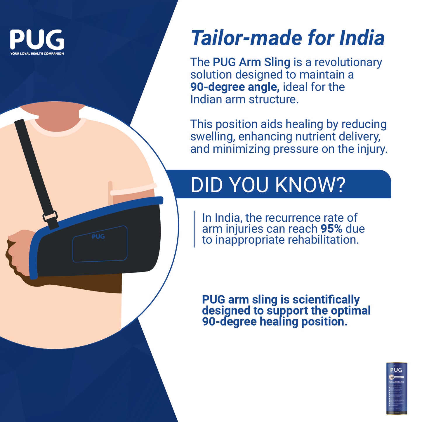 PUG Arm Sling, Designed for compliance at 90 degrees for optimal recovery, With Airmesh technology, Double & elongated pad cushion for extra care, Ergonomically designed for Indian Arm, With Additional pouch to carry mobile