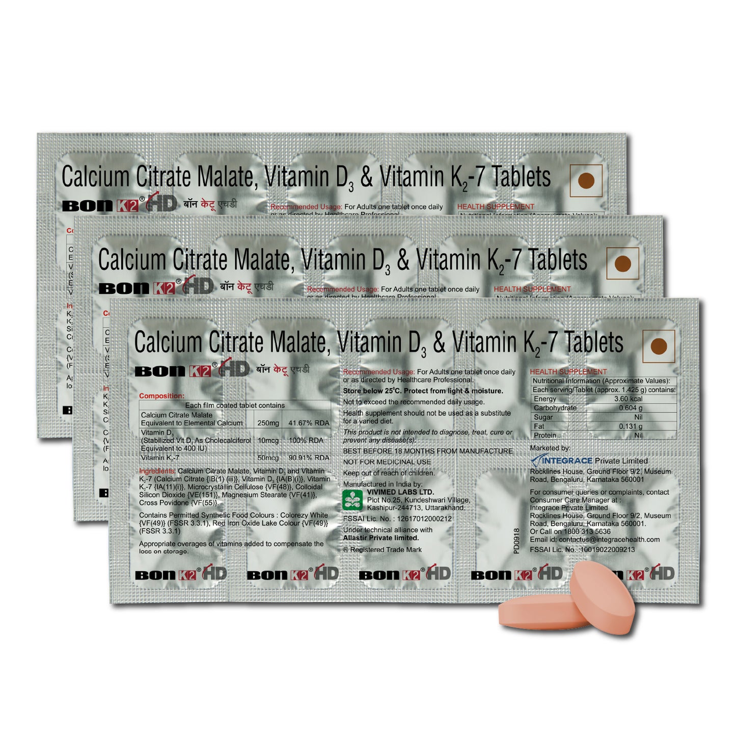 Bon K2 HD with Advanced Calcium – 100 Tablets in 10 Strips,  Enriched with Calcium Citrate Malate, Vitamin D3 and Vitamin K2-7, Multivitamin supplements for Men & Women