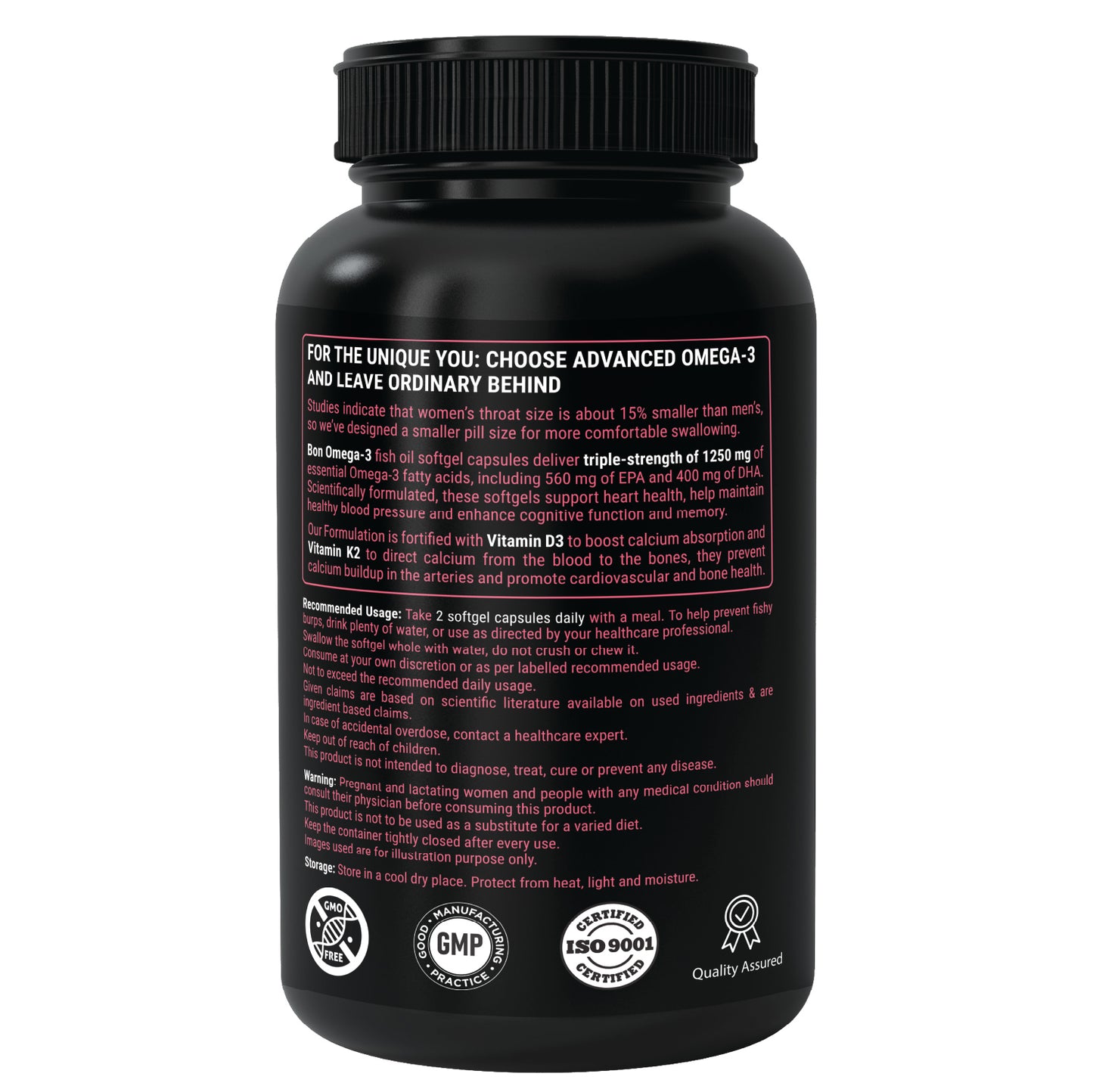 BON Omega 3 Fish Oil for Women 1250mg with Vitamin D3 & K2 – Easy to Swallow Smaller Softgels | 3X Triple Strength 560mg EPA & 400mg DHA | Supports Heart, Bone Health, Brain, Immunity, Healthy Skin & Hair | 90 Softgels | Non-GMO, Burpless, Anti-Reflux