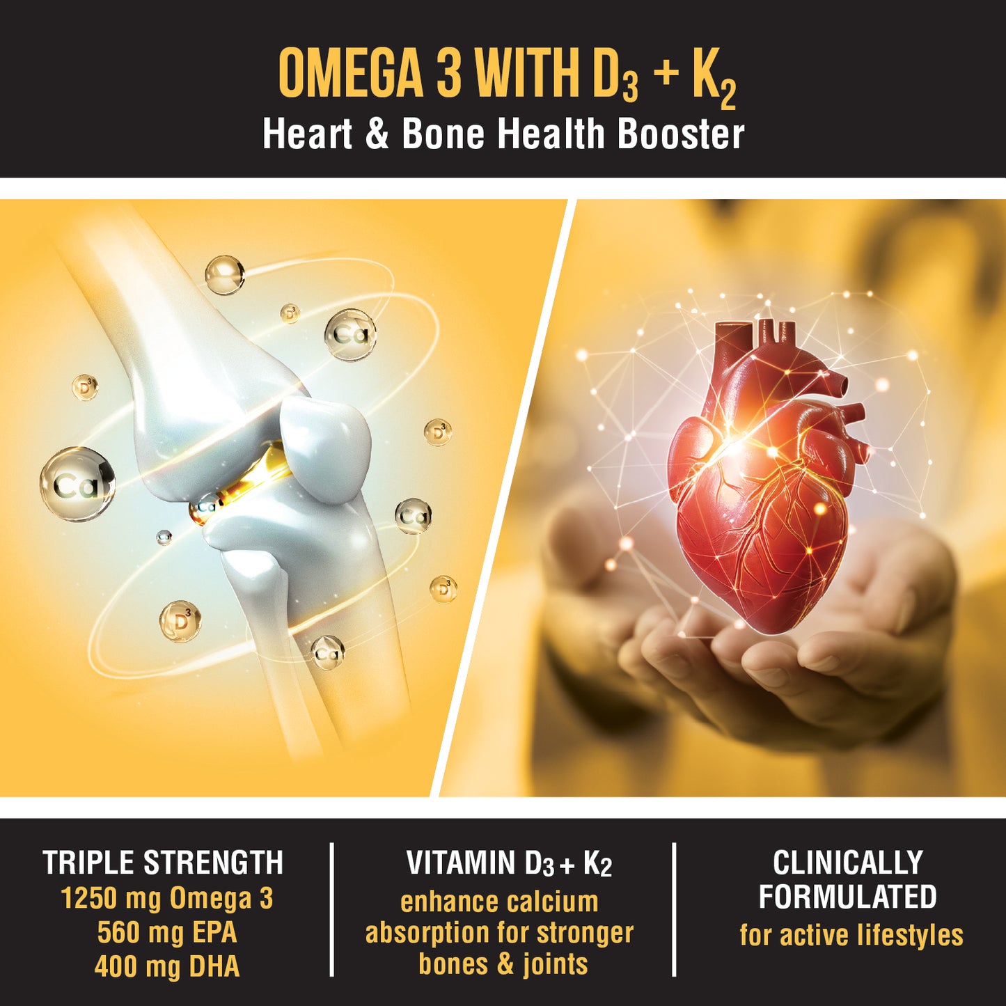 Bon Omega 3 Fish Oil 1250mg with Vitamin D3 & K2 – 3X Triple Strength 560mg EPA & 400mg DHA | Supports Heart, Bone Health, Brain & Immunity | 60 Softgels | Non-GMO, Burpless Anti-Reflux