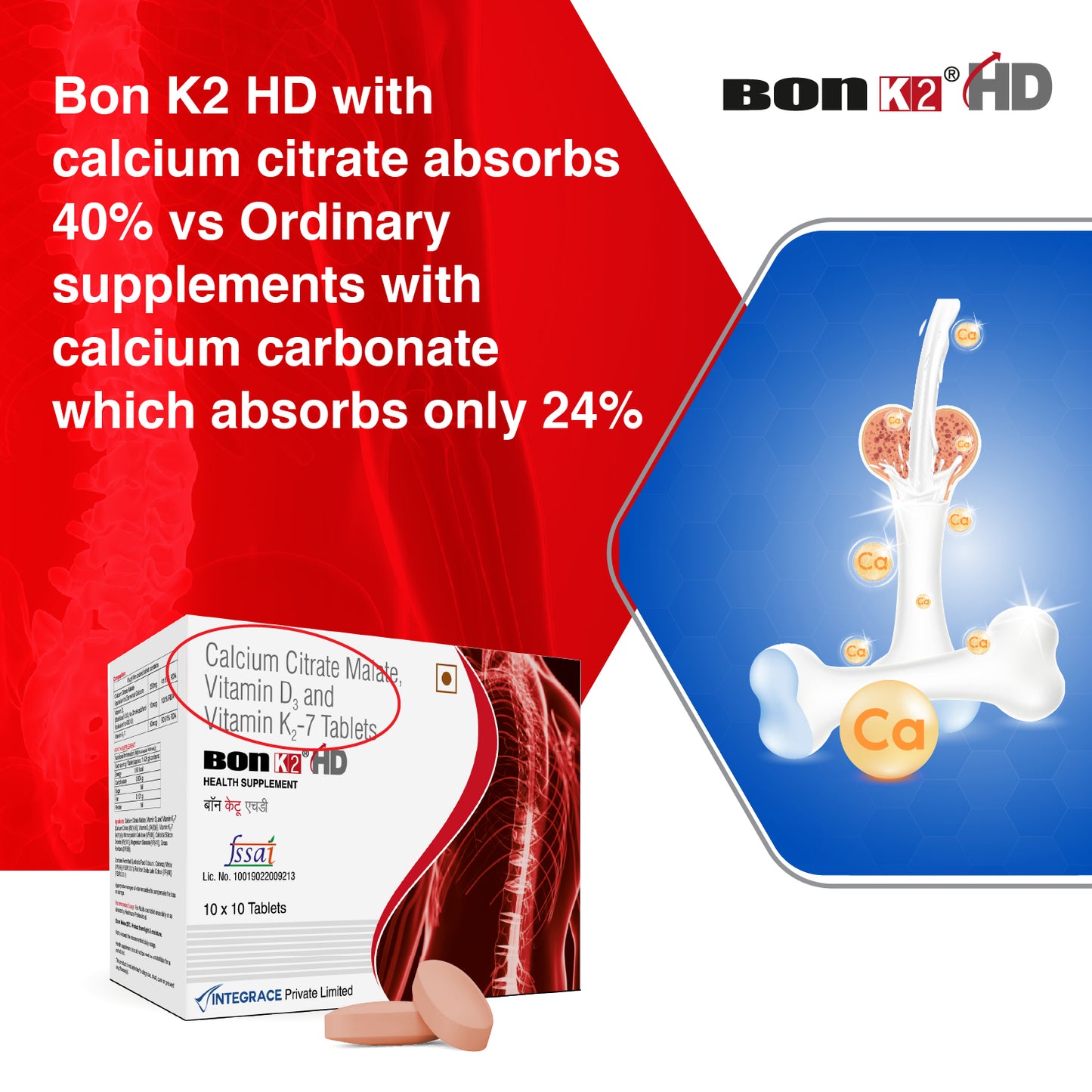 Bon K2 HD with Advanced Calcium – 100 Tablets in 10 Strips,  Enriched with Calcium Citrate Malate, Vitamin D3 and Vitamin K2-7, Multivitamin supplements for Men & Women