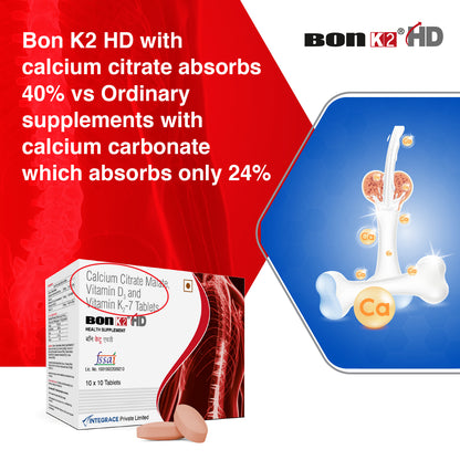 Bon K2 HD with Advanced Calcium – 100 Tablets in 10 Strips,  Enriched with Calcium Citrate Malate, Vitamin D3 and Vitamin K2-7, Multivitamin supplements for Men & Women
