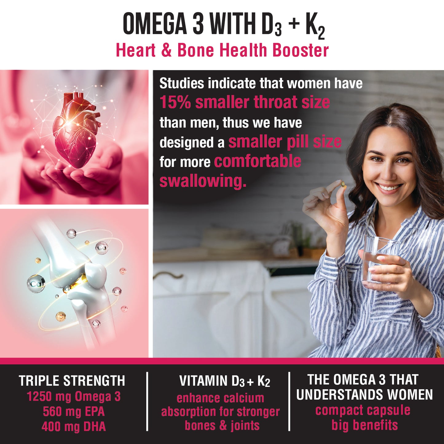 BON Omega 3 Fish Oil for Women 1250mg with Vitamin D3 & K2 – Easy to Swallow Smaller Softgels | 3X Triple Strength 560mg EPA & 400mg DHA | Supports Heart, Bone Health, Brain, Immunity, Healthy Skin & Hair | 90 Softgels | Non-GMO, Burpless, Anti-Reflux