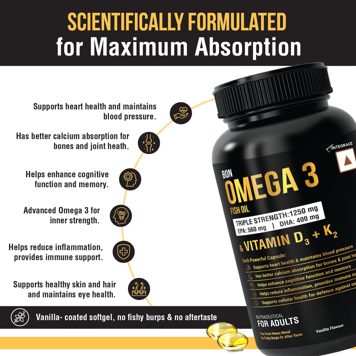 Bon Omega 3 Fish Oil 1250mg with Vitamin D3 & K2 – 3X Triple Strength 560mg EPA & 400mg DHA | Supports Heart, Bone Health, Brain & Immunity | 60 Softgels | Non-GMO, Burpless Anti-Reflux