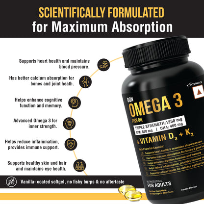 Bon Omega 3 Fish Oil 1250mg with Vitamin D3 & K2 – 3X Triple Strength 560mg EPA & 400mg DHA | Supports Heart, Bone Health, Brain & Immunity | 60 Softgels | Non-GMO, Burpless Anti-Reflux