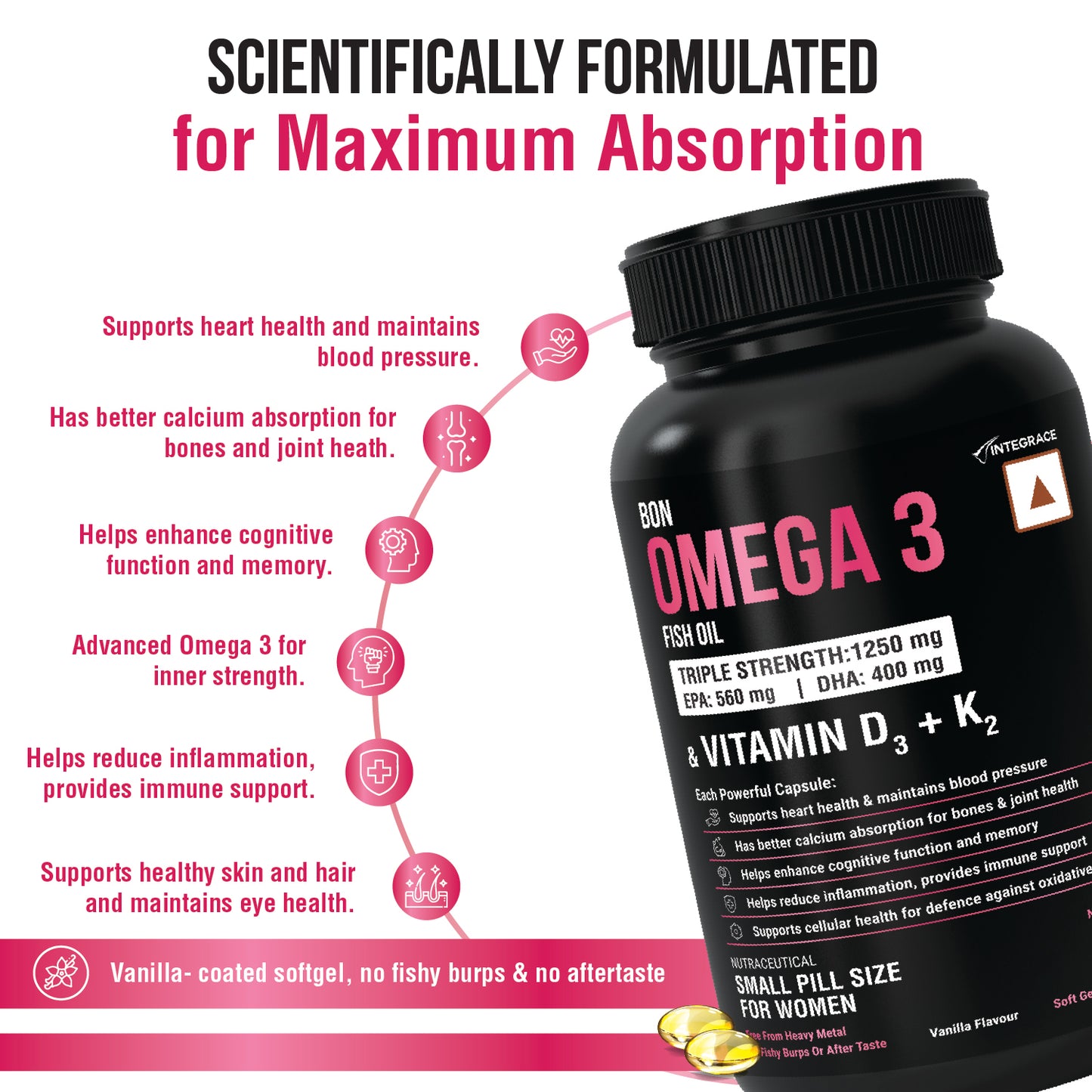 BON Omega 3 Fish Oil for Women 1250mg with Vitamin D3 & K2 – Easy to Swallow Smaller Softgels | 3X Triple Strength 560mg EPA & 400mg DHA | Supports Heart, Bone Health, Brain, Immunity, Healthy Skin & Hair | 90 Softgels | Non-GMO, Burpless, Anti-Reflux