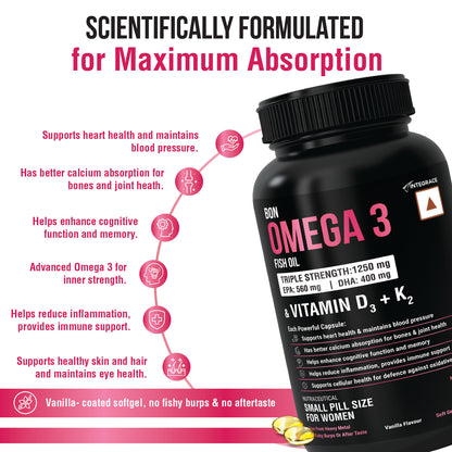 BON Omega 3 Fish Oil for Women 1250mg with Vitamin D3 & K2 – Easy to Swallow Smaller Softgels | 3X Triple Strength 560mg EPA & 400mg DHA | Supports Heart, Bone Health, Brain, Immunity, Healthy Skin & Hair | 90 Softgels | Non-GMO, Burpless, Anti-Reflux