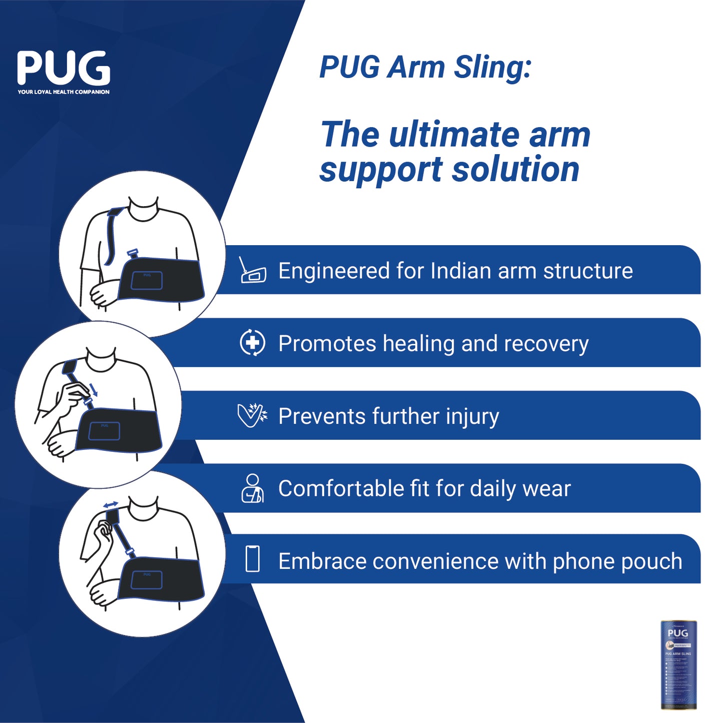 PUG Arm Sling, Designed for compliance at 90 degrees for optimal recovery, With Airmesh technology, Double & elongated pad cushion for extra care, Ergonomically designed for Indian Arm, With Additional pouch to carry mobile