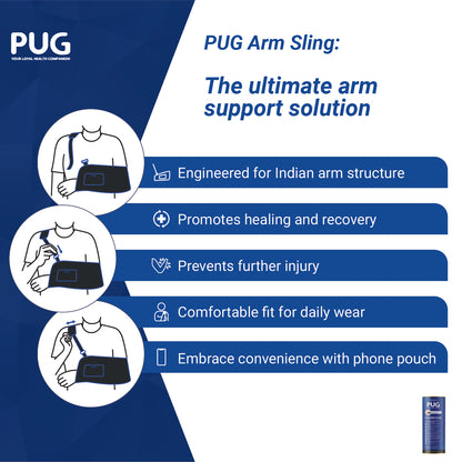 PUG Arm Sling, Designed for compliance at 90 degrees for optimal recovery, With Airmesh technology, Double & elongated pad cushion for extra care, Ergonomically designed for Indian Arm, With Additional pouch to carry mobile