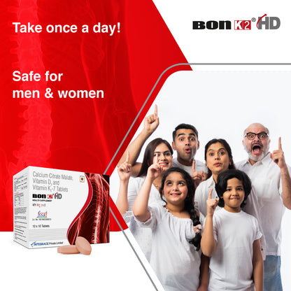 Bon K2 HD with Advanced Calcium – 100 Tablets in 10 Strips,  Enriched with Calcium Citrate Malate, Vitamin D3 and Vitamin K2-7, Multivitamin supplements for Men & Women