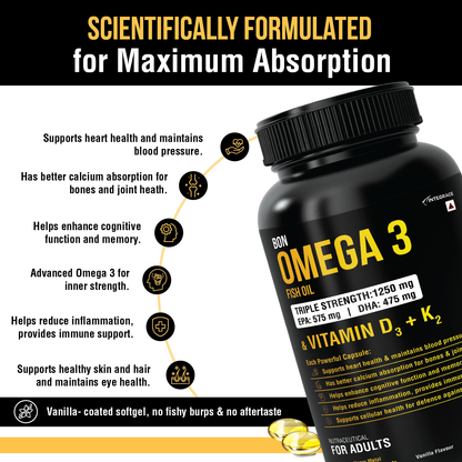 Bon Omega 3 Fish Oil 1250mg with Vitamin D3 & K2 – 3X Triple Strength 560mg EPA & 400mg DHA | Supports Heart, Bone Health, Brain & Immunity | 60 Softgels | Non-GMO, Burpless Anti-Reflux