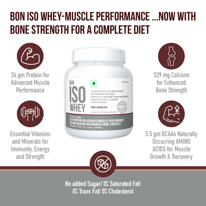 BON ISO WHEY 100% Protein Isolate, Irish Chocolate, Muscle Strength and Bone Health, 24g Protein, 329mg Calcium, 5.5g BCAA, Essential Vitamins and Minerals, For All Gender
