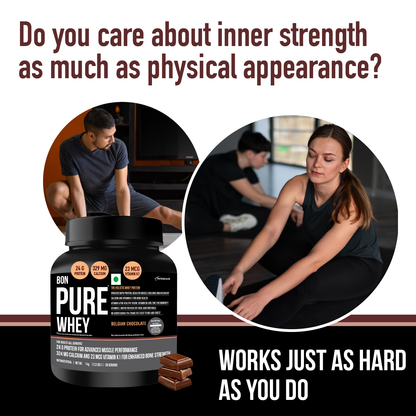 BON PURE WHEY, Belgian Chocolate, The HOLISTIC WHEY PROTEIN, Muscle Building, Bone Strength, Immunity, Healthy Skin, Hair & Nails, Essential Protein, BCAA, Vitamins & Minerals, For Athletes, Sports